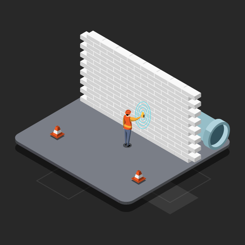 an isometric scene of a worker scanning a concrete wall